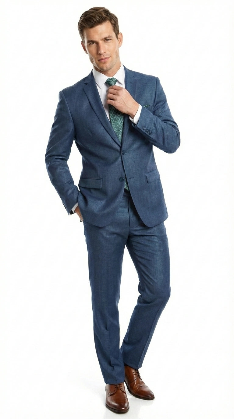 Men’s Indigo Blue Sharkskin Suit – Textured Shiny Formal Suit for Wedding, Business, 2 Buttons Slim Fitted - 34 Short or Extra Small