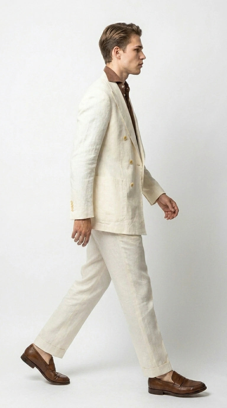 Men’s Off White 70s Style Double Breasted Suit – Vintage Retro Wide Lapel Classic Outfit for Party, Wedding and Casual Fashion Wear - 34 Short or Extra Small