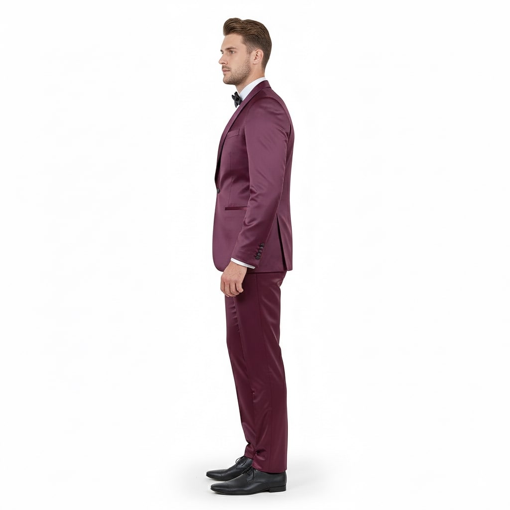 Mens Sateen Shiny Burgundy Slim Fit Tuxedo – Satin Shawl Lapel 3-Piece Suit - 34 Short or Extra Small