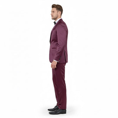 Mens Sateen Shiny Burgundy Slim Fit Tuxedo Satin Shawl Lapel 3-Piece Suit