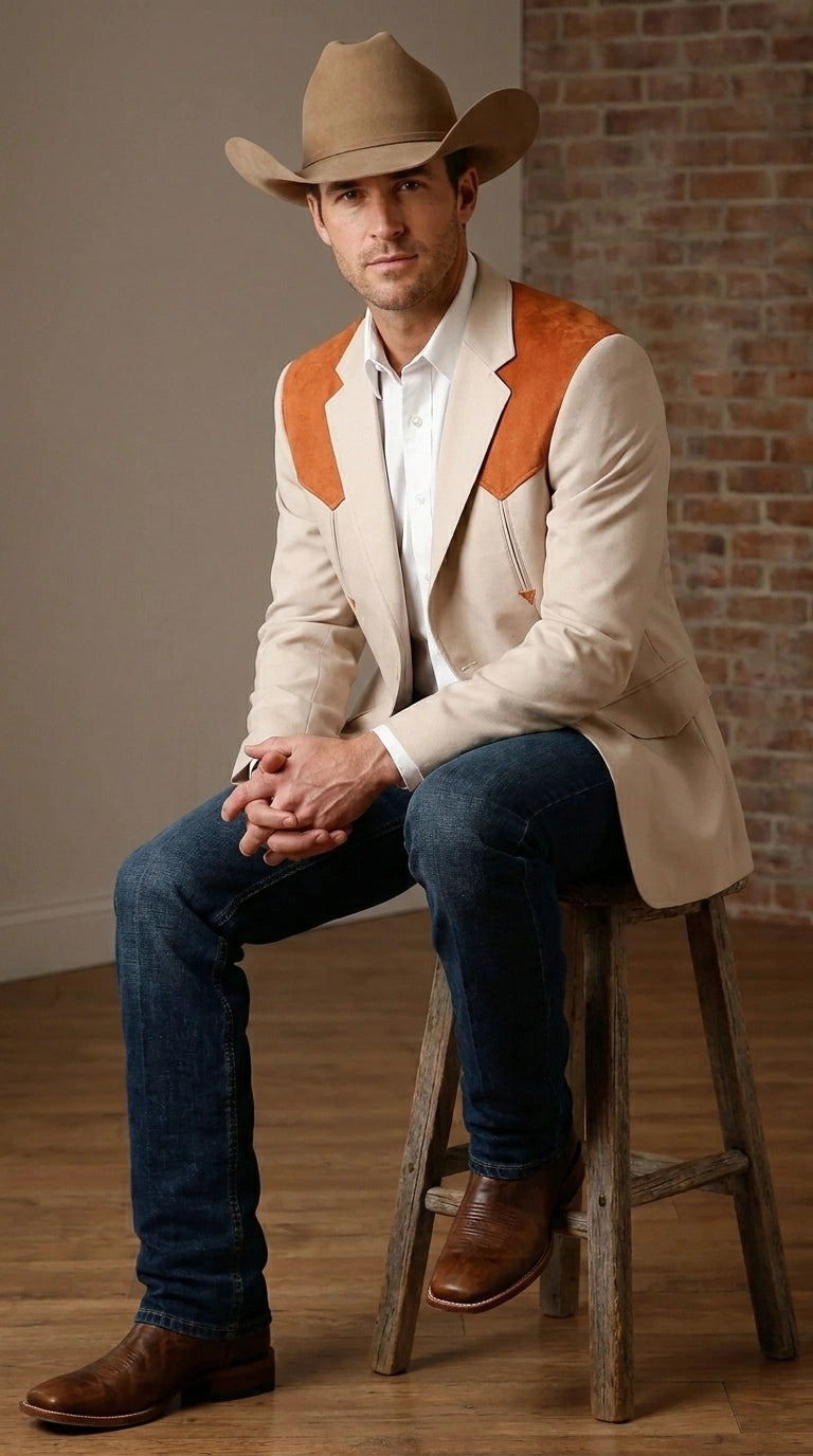 Men’s Tan Beige and Rust Western Cowboy Blazer – Classic Country Style Jacket, Vintage Western Dress Blazer for Men Country Jacket - 36 Short