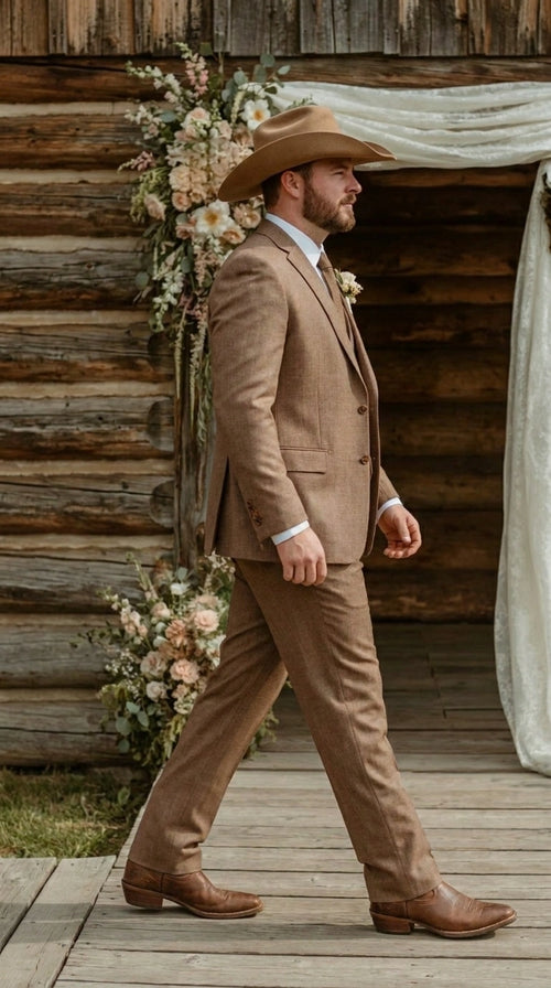 Men’s Light Brown Western 3 Piece Suit – Classic Country Style Blazer Vest Pants Set, Formal Cowboy Suit Toast