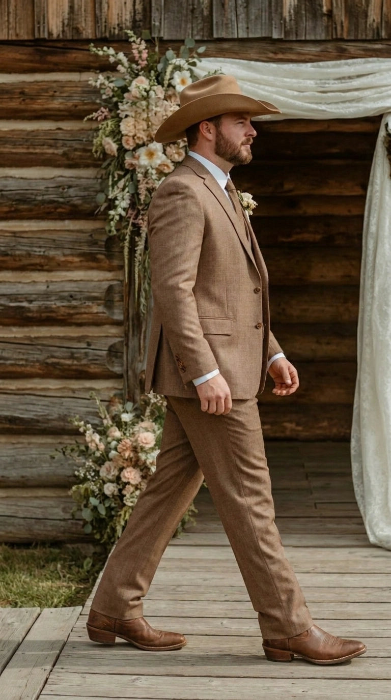 Men’s Light Brown Western 3 Piece Suit – Classic Country Style Blazer Vest Pants Set, Formal Cowboy Suit Toast - 34 Short or Extra Small