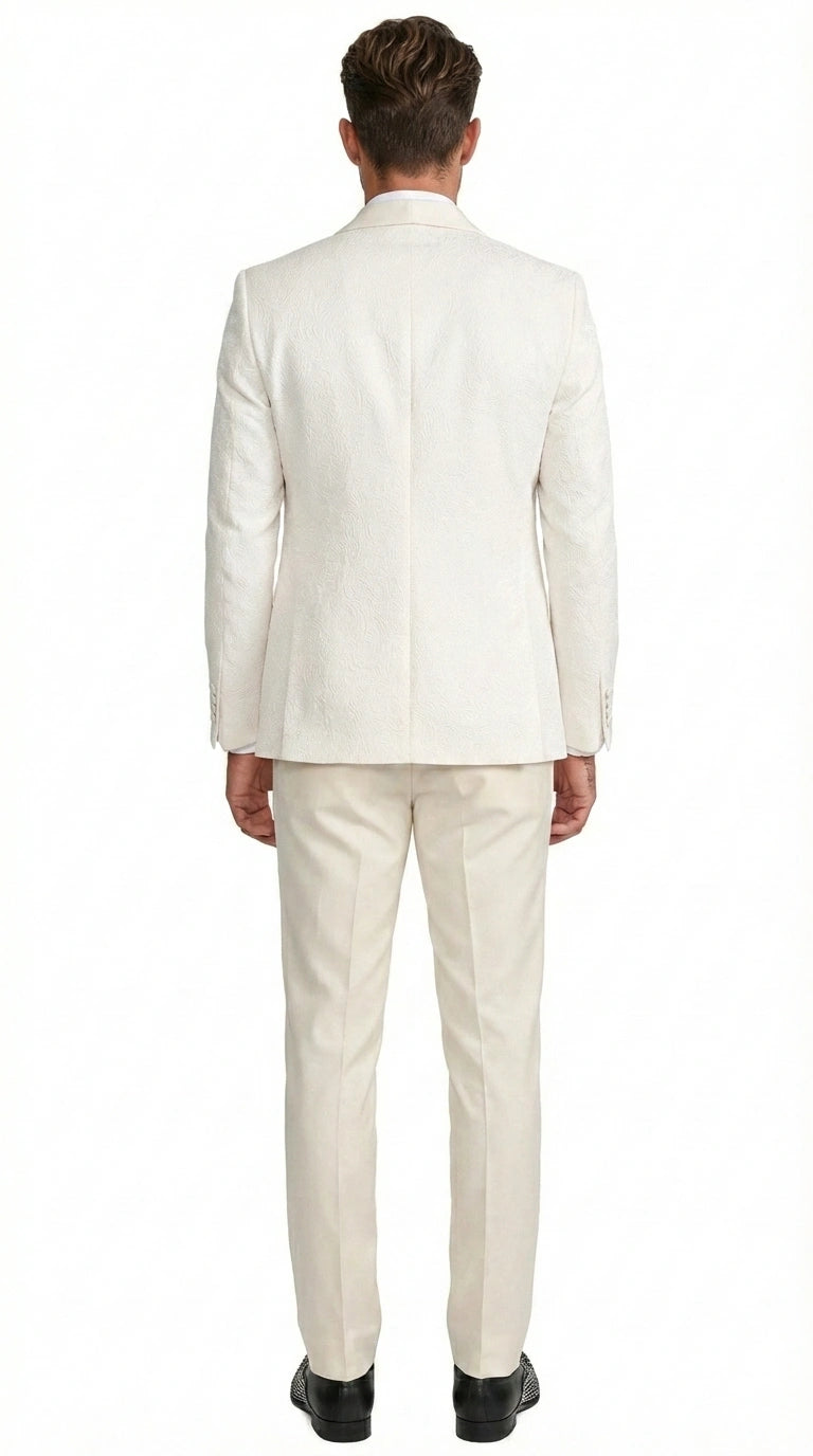 Men’s Ivory Paisley Tuxedo Suit 3 Piece – One Button Vested Satin Formal Suit for Wedding in Off white Cream Color - 40