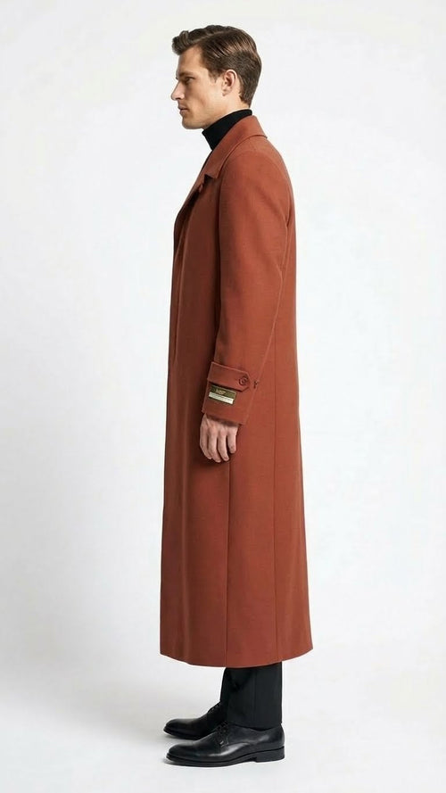 Mens Full-Length Cognac Overcoat Premium Wool-Blend Long Dress Coat for Winter and Formal Wear in Rust Brick Color