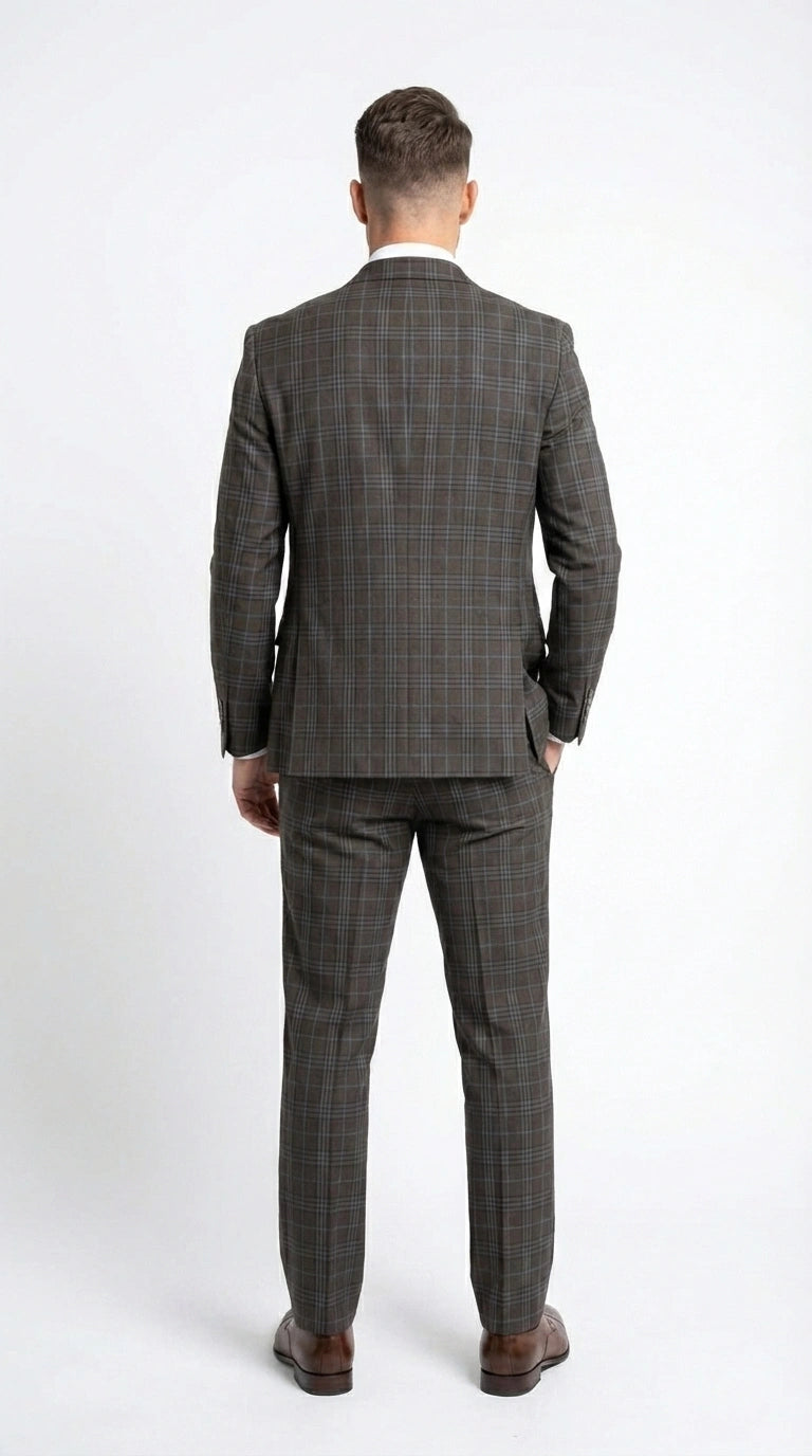 Vitali Men’s Brown Grey with blue Check 3 Piece Suit – Classic Plaid Formal Suit Set with Blazer, Vest & Trousers, Business Wedding Party Wear for Men Modern Fit - 34 Short or Extra Small