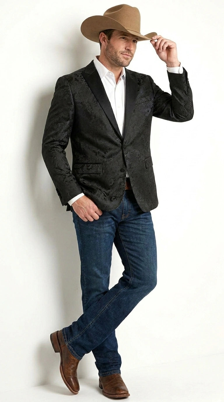 Men’s Black Paisley Western Cowboy Blazer – Classic Western Style Formal Jacket, Elegant Country Blazer Coat - saco para vaquero - 36 Short