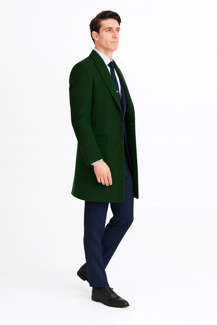 Mens Dark Green Wool Overcoat Classic Long Coat for Formal and Casual Style