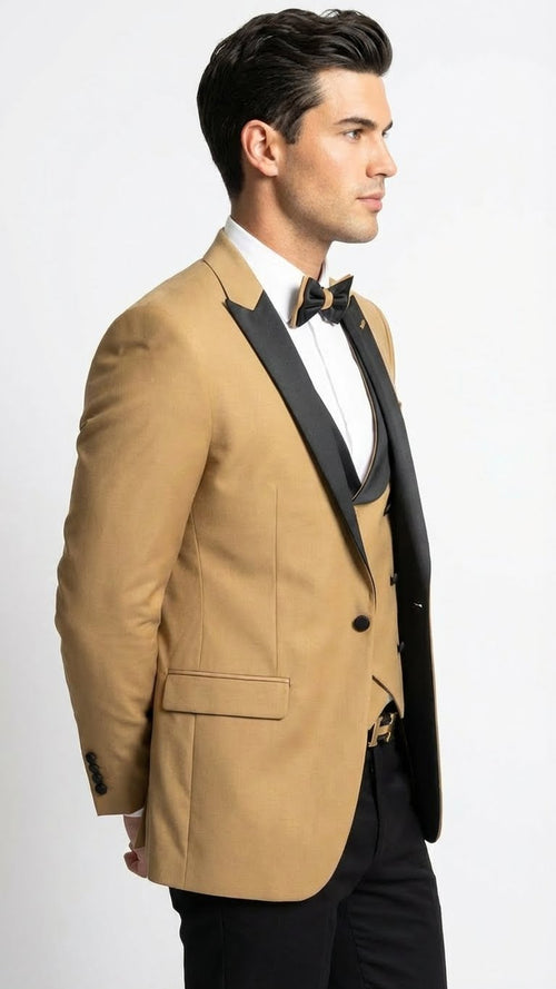 Men's Dark Camel Tan Khaki and Black Great Gatsby Tuxedo Suit Vintage 1920s Formal Wedding, Party and Event Wear