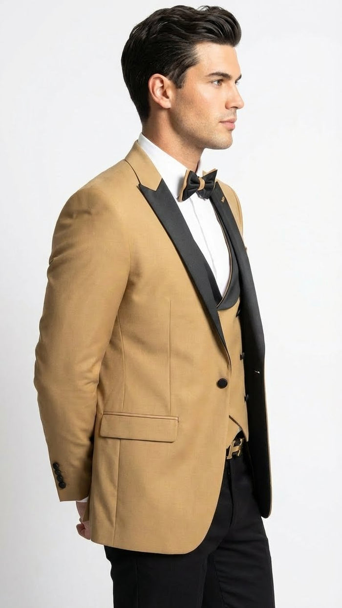 Men's Dark Camel Tan Khaki and Black Great Gatsby Tuxedo Suit Vintage 1920s Formal Wedding, Party and Event Wear