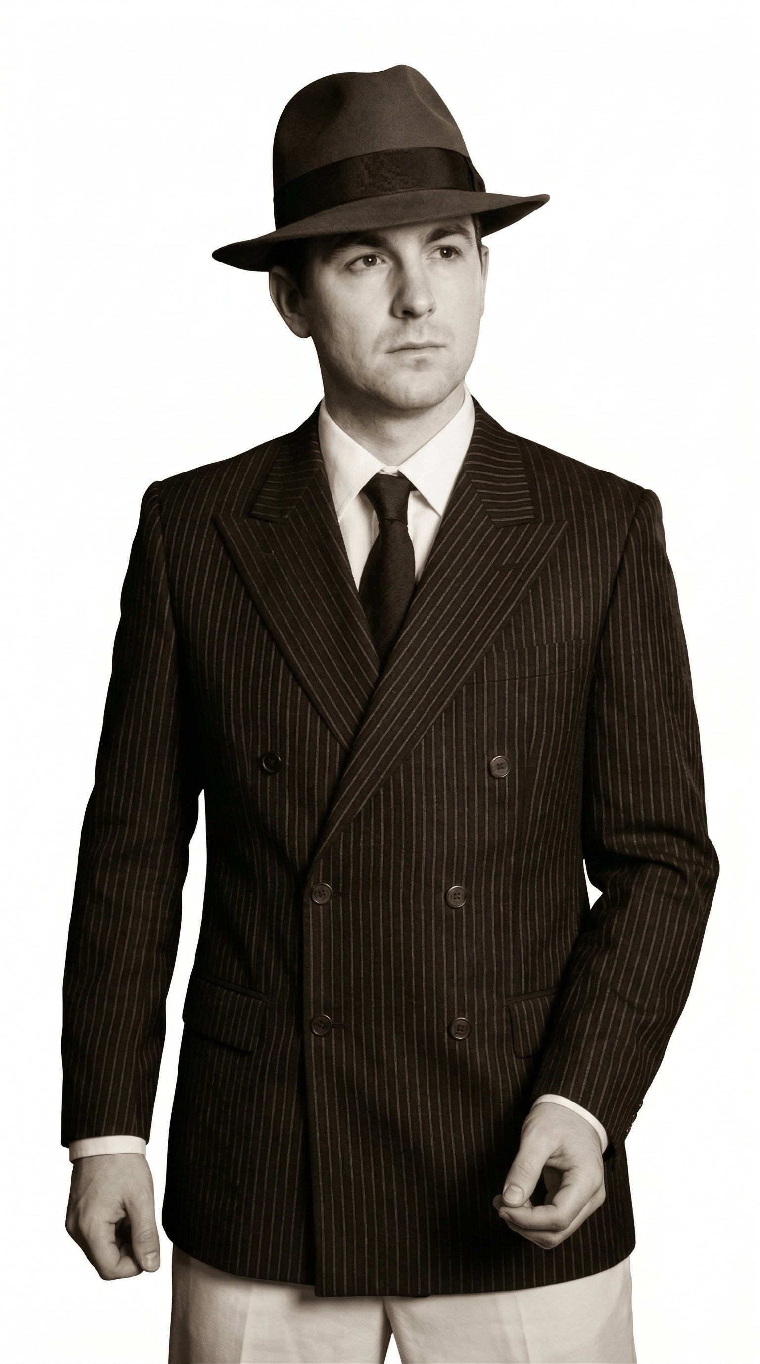 Men’s Black Pinstripe Blazer with White Pants 1920s Gangster Mob Boss Style Suit – Double Breasted Vintage Formal Jacket, Classic Party Costume Wear - Black