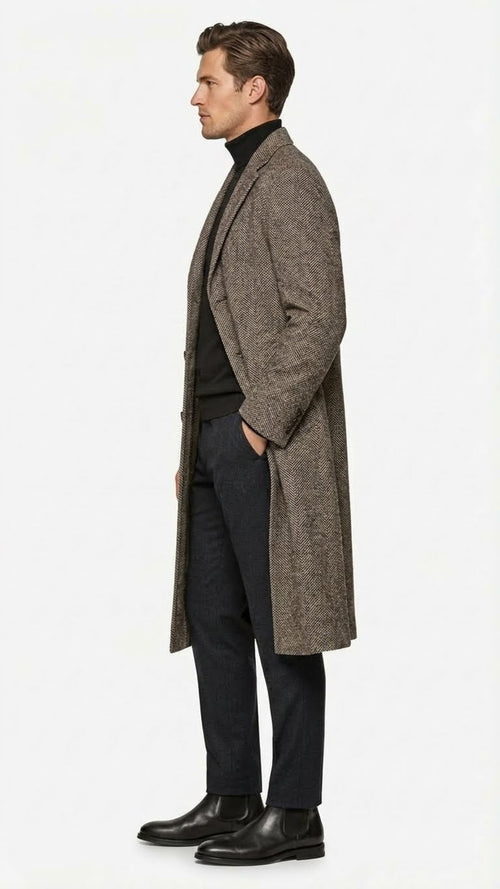 Mens Black & Grey  Herringbone Tweed Wool Blend Overcoat Classic Single-Breasted Winter Blazer Carcoat