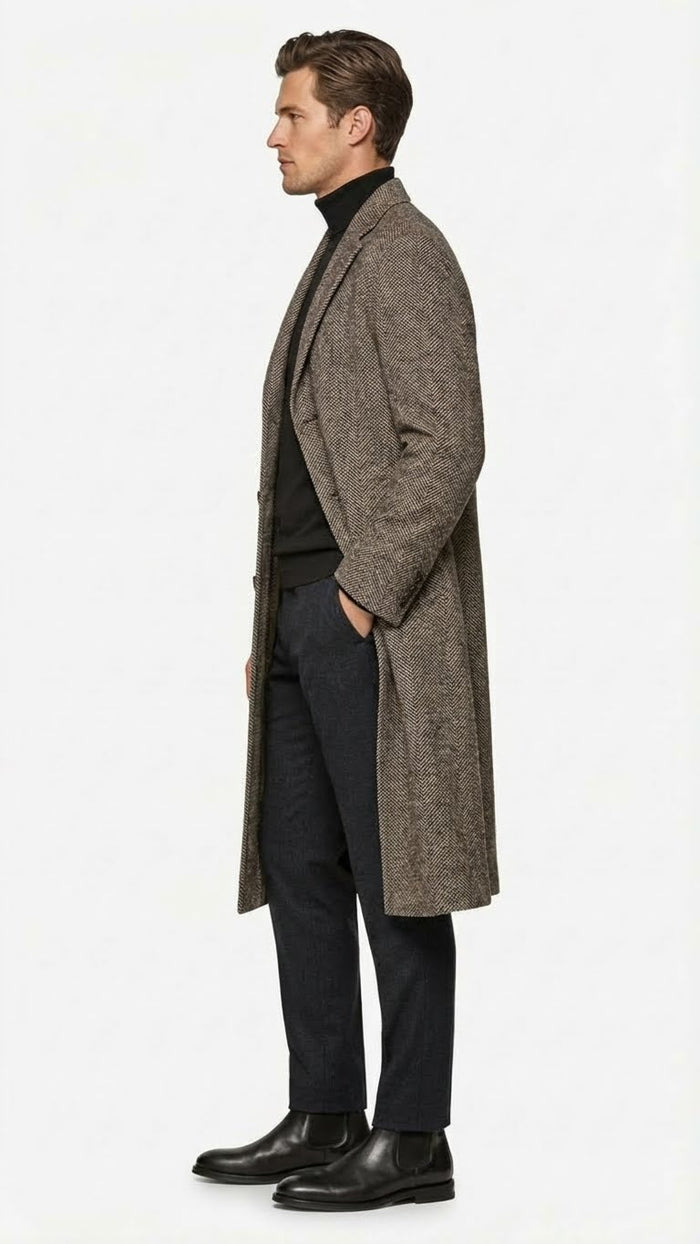 Mens Black & Grey  Herringbone Tweed Wool Blend Overcoat Classic Single-Breasted Winter Blazer Carcoat