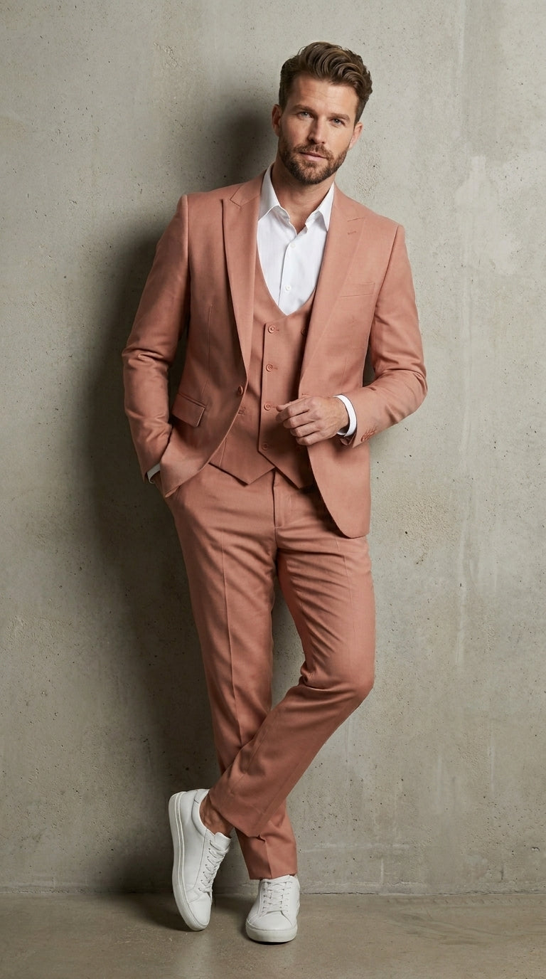 Men’s Peach Light Brown 3 Piece Suit – Wedding & Prom Formal Suit Set, Blazer Pants Double breasted vest - 34 Short or Extra Small