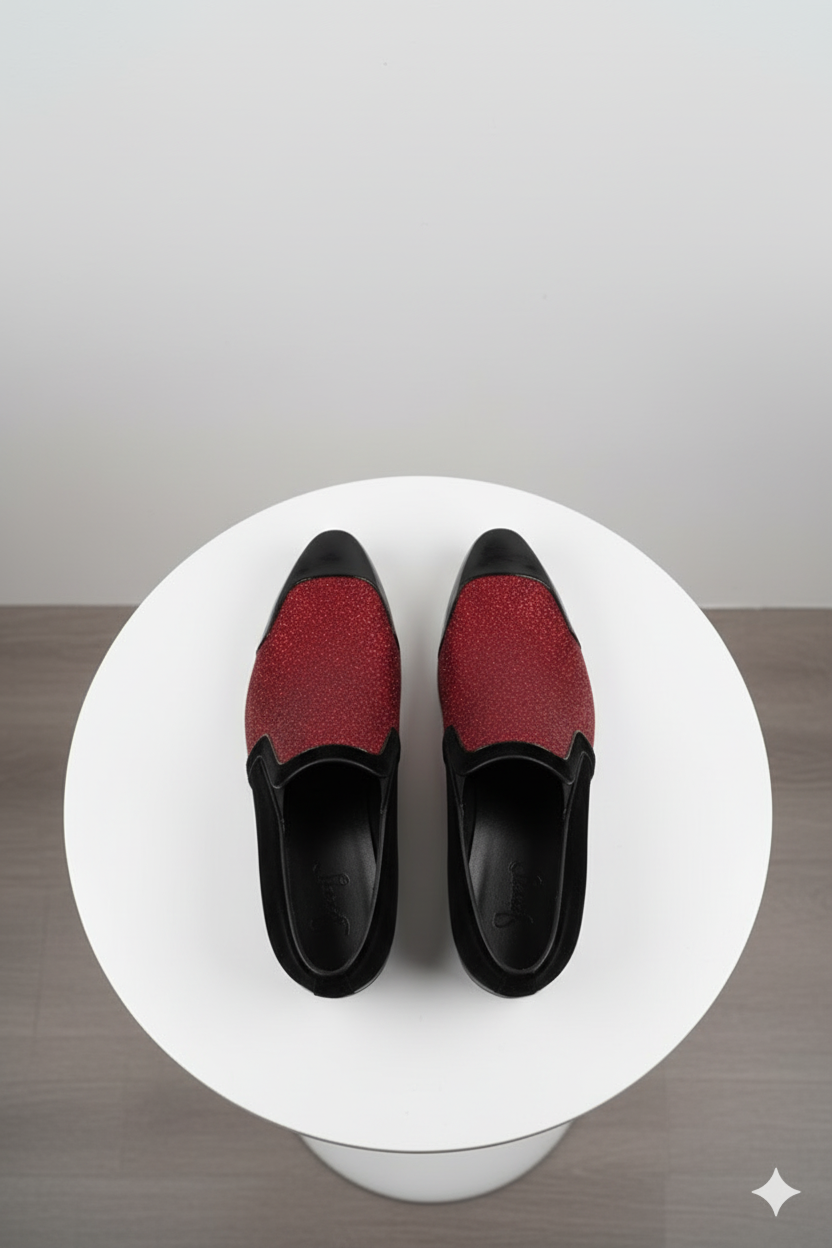 Mens Red Glitter Tuxedo Loafers Shiny Slip-On Dress Shoes with Black Patent Toe for Parties and Formal Events - 6