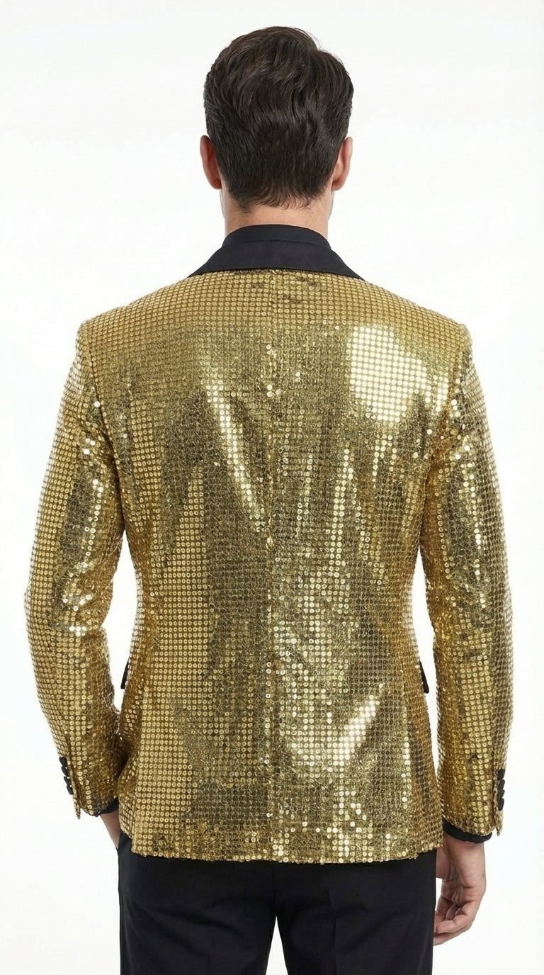 Mens Gold Sequin Blazer with Black Satin Lapel – Gold Formal Party Blazer Jacket for Prom, Wedding and Stage Events - 36 Short