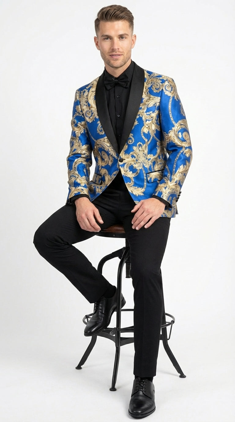 Men’s Royal Blue and Gold Blazer Jacket – Luxury Floral Pattern Tuxedo Blazer, Formal Party Wedding Dinner Jacket, Stylish Evening Wear - 36 Short