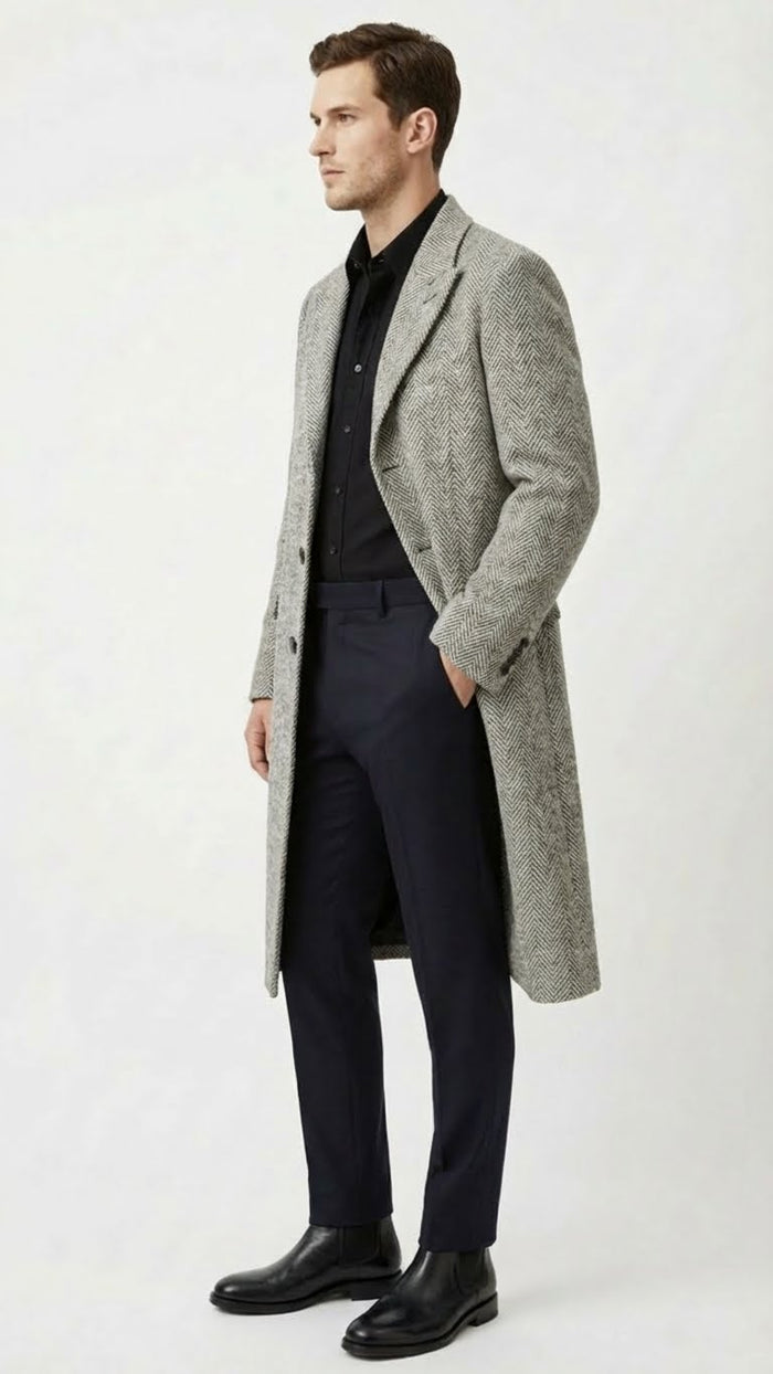 Mens Grey Herringbone Long Overcoat Tweed Black and White Pattern Wool Topcoat Three Qaurter