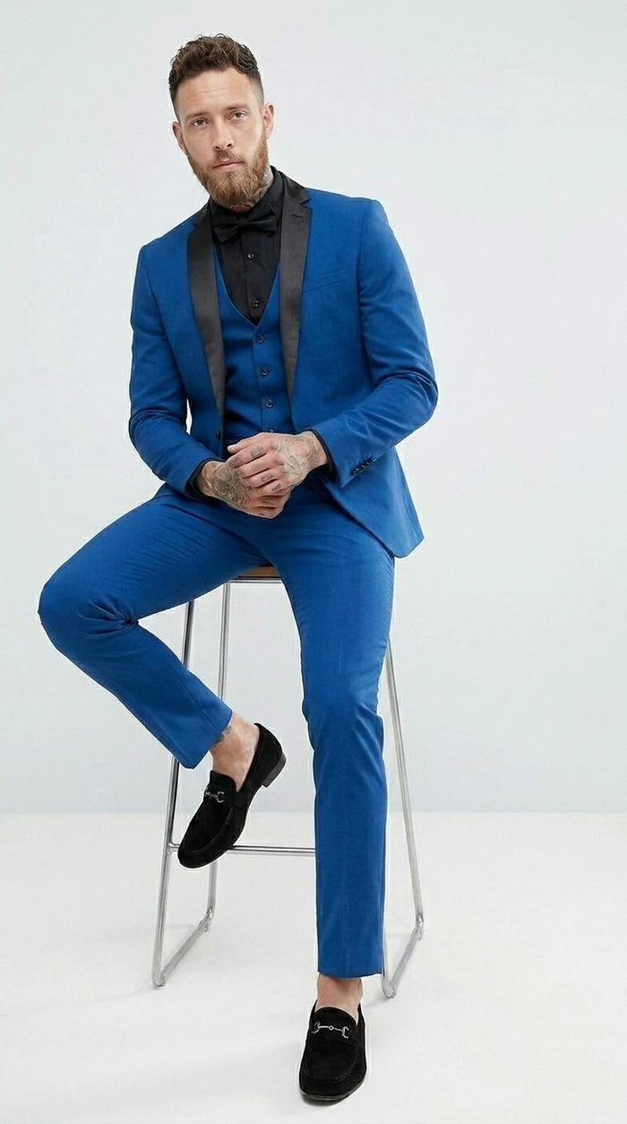 Men’s Royal Blue 3 Piece Suit with Black Lapel – Modern Formal Suit for Wedding, Prom and Party Wear