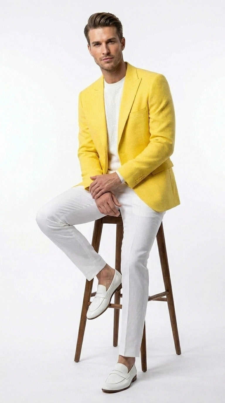 Zacci Brand Men’s Lemon Yellow Blazer Peak Lapel Hopsack Weave – Stylish Formal Blazer Jacket for Wedding, Party, Prom and Smart Casual Wear - 36 Short