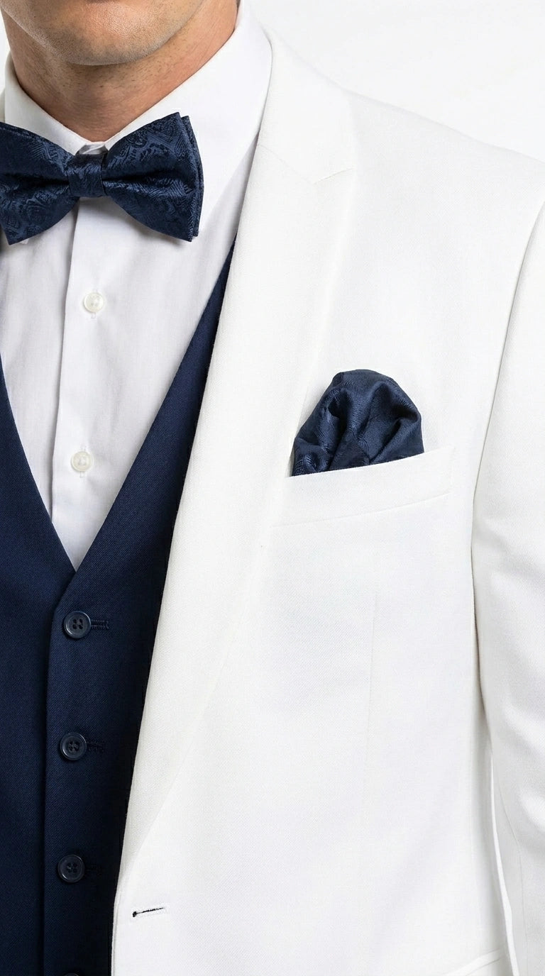 Men’s White and Navy blue tuxedo  3 Piece Suit – Classic White Blazer with Navy Vest and Pants for Wedding, Party + Bowtie - 34 Short or Extra Small