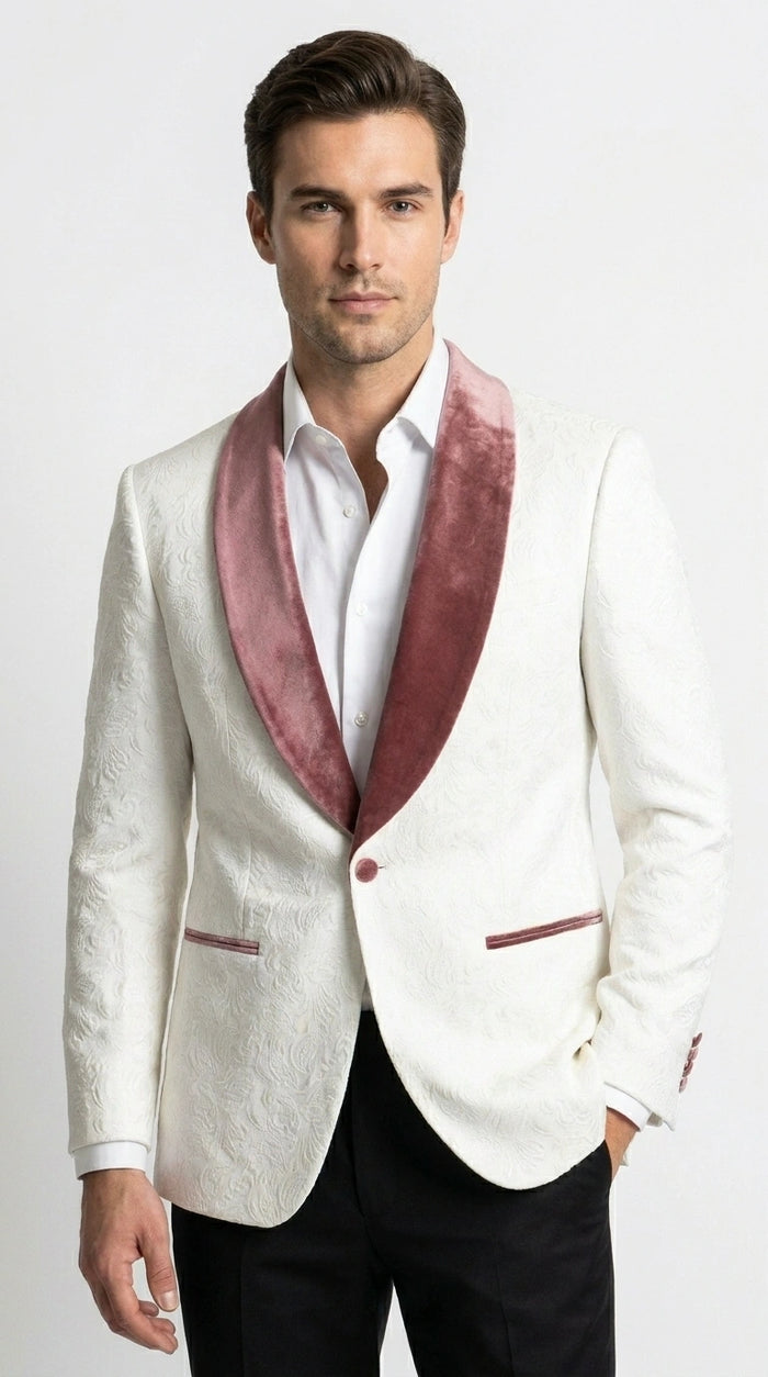 Men’s Ivory and Rose gold Floral Blazer – Elegant Shawl Lapel Formal Blazer Jacket for Wedding, Party, Prom