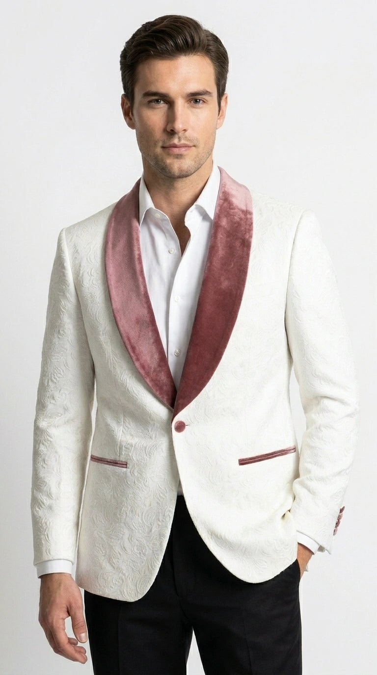Men’s Ivory and Rose gold Floral Blazer – Elegant Shawl Lapel Formal Blazer Jacket for Wedding, Party, Prom - 36 Short