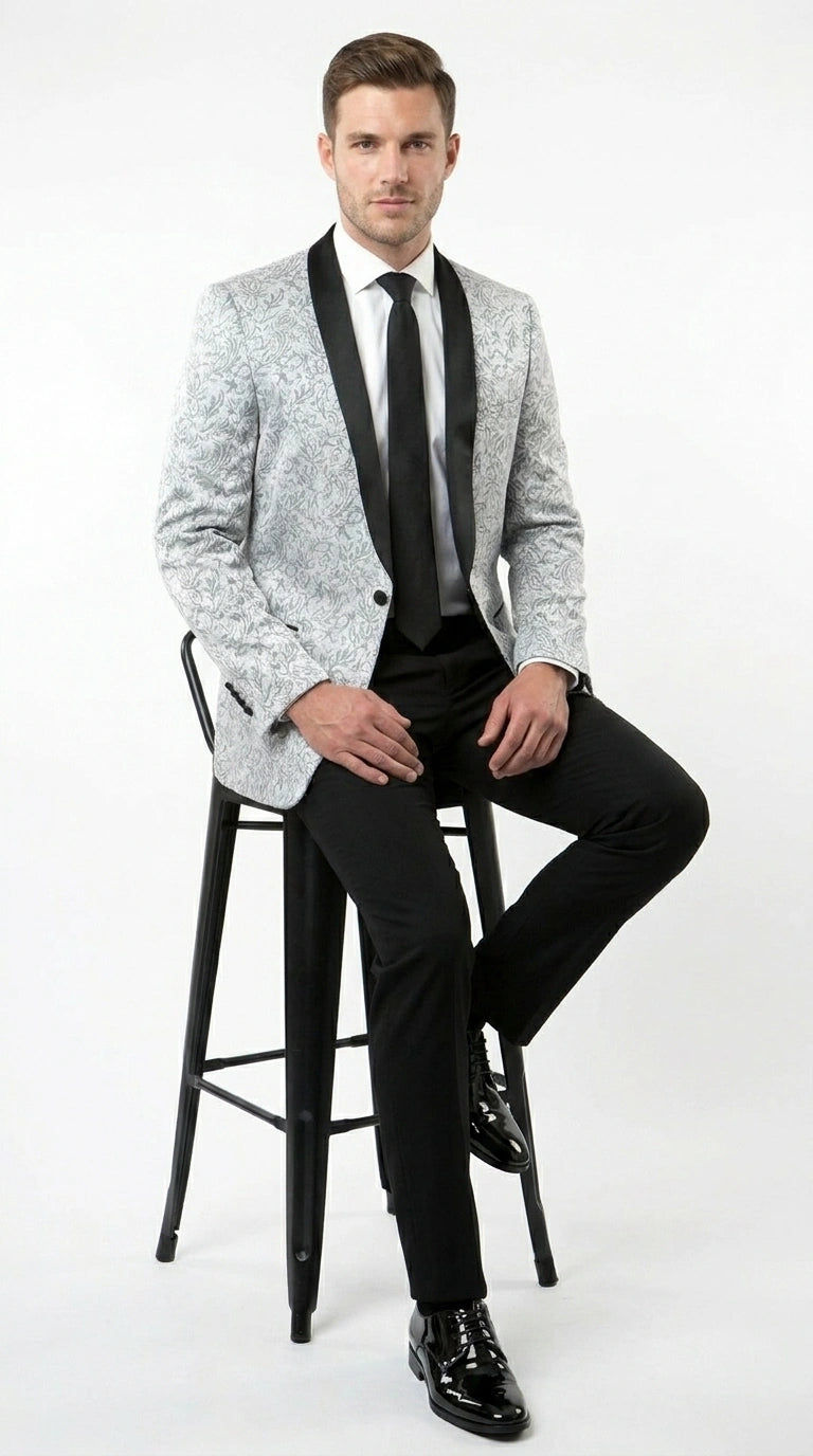 Men’s Silver and Black Floral Blazer – Elegant Formal Tuxedo Style Blazer Jacket for Wedding, Party, Prom and Evening Wear - 36R