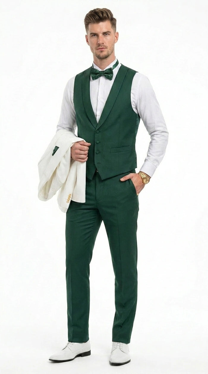 Men’s White and Hunter Green 3 Piece Suit – Elegant Formal Suit with Vest, Wedding Tuxedo Suit for Prom and Party Wear