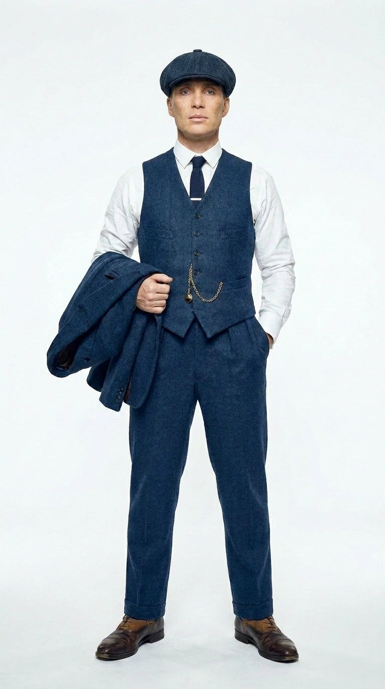Men’s Blue 3 Piece Suit, Thomas Shelby Inspired Vintage Formal Suit Herringbone Tweed 1920s fabric - 34 Short or Extra Small