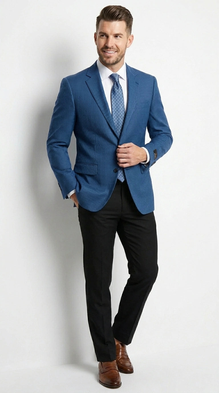 Men’s Blue Houndstooth Blazer Jacket, Check Pattern Formal Sport Coat for Weddings, Prom, Parties, and Special Occasions - 36 Short