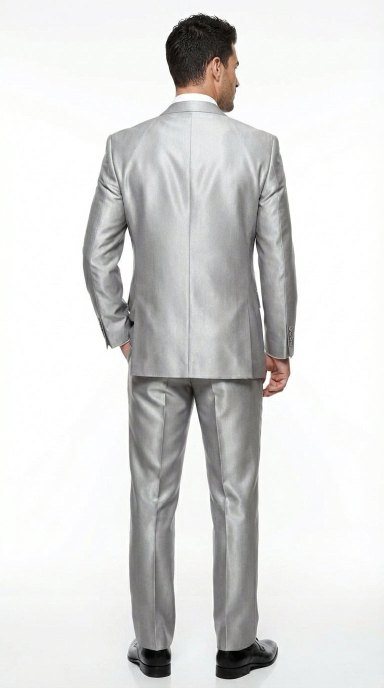 Men’s Silver Grey Sharkskin Suit – 3 Button Classic Fit Shiny Formal Suit for Wedding, Business and Party Wear - 34 Short or Extra Small