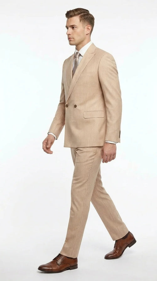 Vitali Men’s Tone on Tone Beige Pinstripe 2 Piece Suit, Double Breasted Summer Dress Suit for Weddings, Tan Beige Shadow Pinstripe