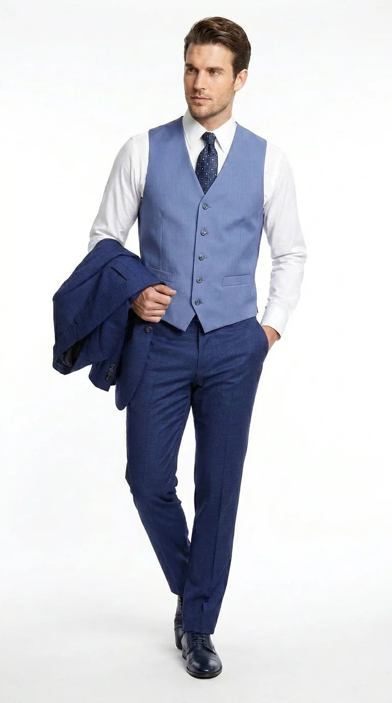 Vitali Men’s Navy Blue 3 Piece Suit with Light Blue Vest, Textured Formal Dress Suit for Weddings, Prom, Business Events, and Parties - 34 Short or Extra Small