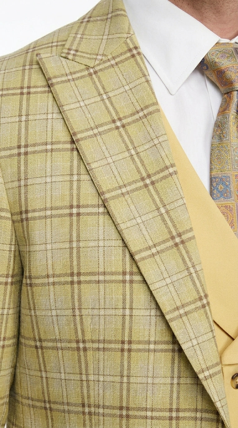 Vitali Men’s Sage Beige Tan Plaid 3 Piece Suit, Check Pattern Formal Dress Suit for Weddings, Prom, Business Events, Modern Fit Light Yellow Color - 34 Short or Extra Small