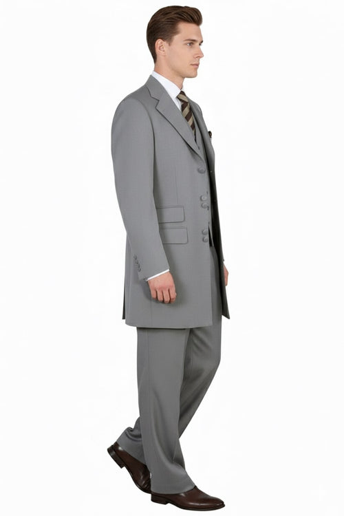 Mens Zoot Suit - Light Gray 3-Piece Suit with Vest Classic Business and Wedding Formal Wear - 1920s Fashion