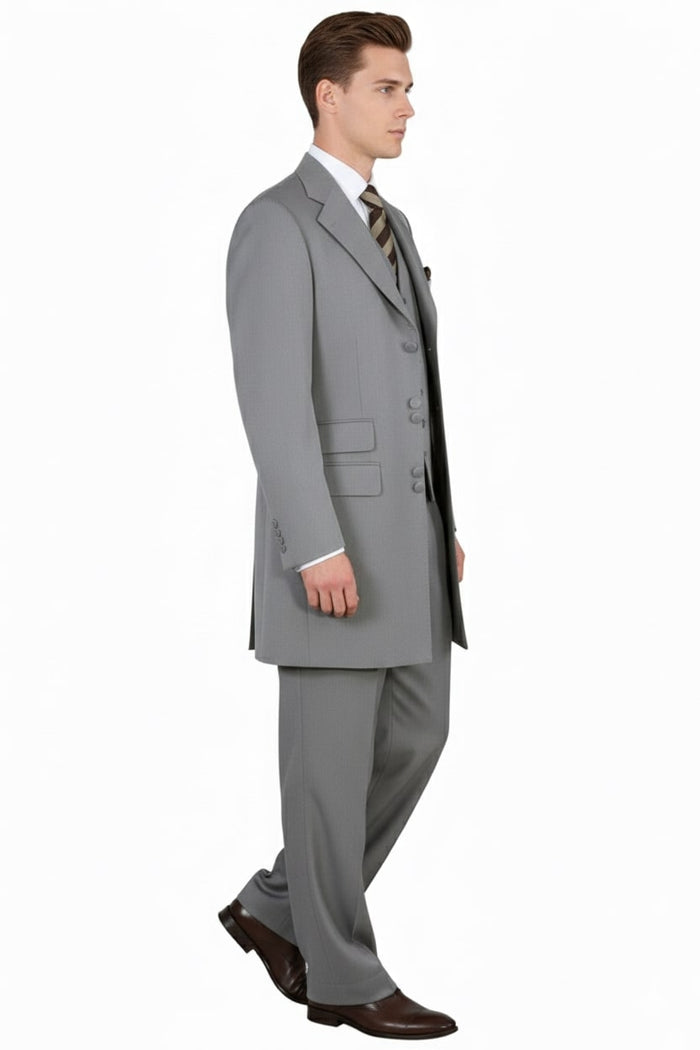 Mens Zoot Suit - Light Gray 3-Piece Suit with Vest Classic Business and Wedding Formal Wear - 1920s Fashion