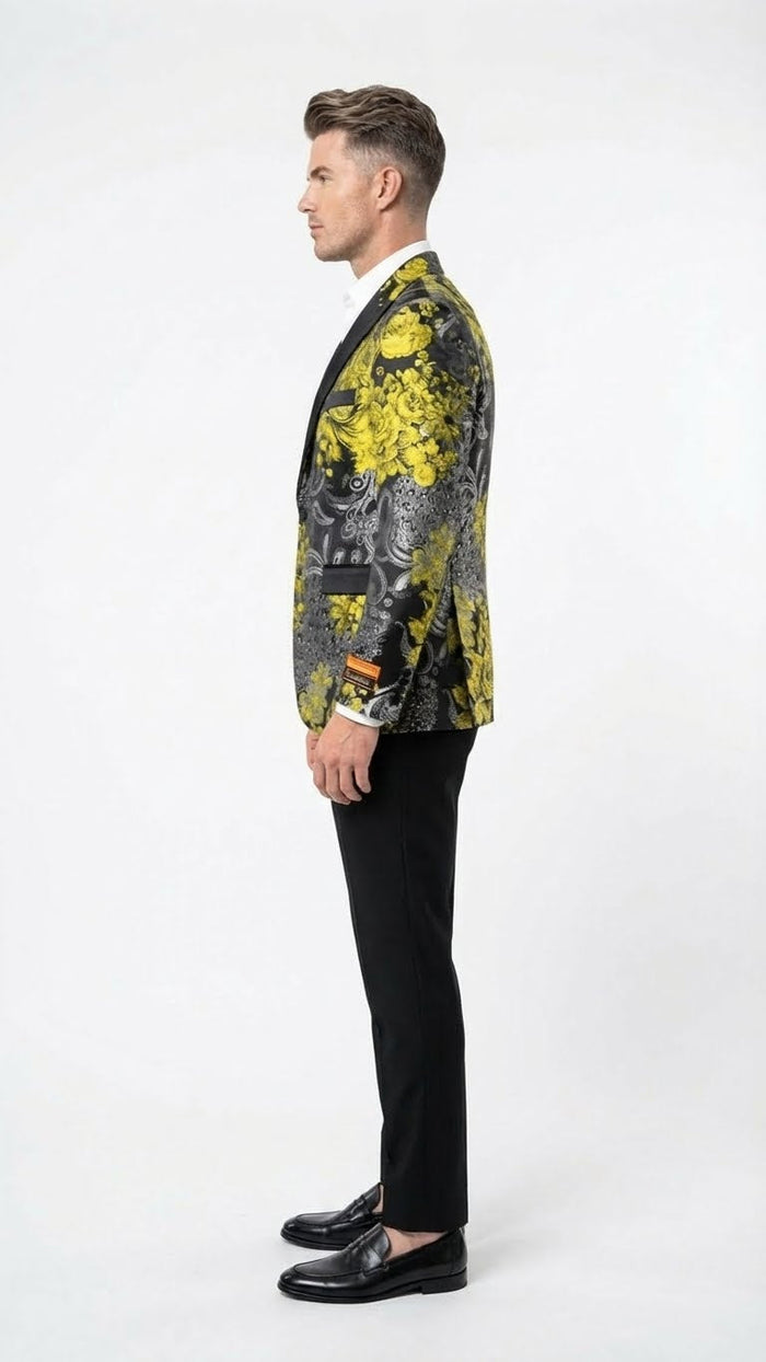 Mens Yellow Tuxedo Black and Gold Floral Pattern Blazer | Formal Jacket - Prom Dinner Jacket + Black Pants + Bowtie