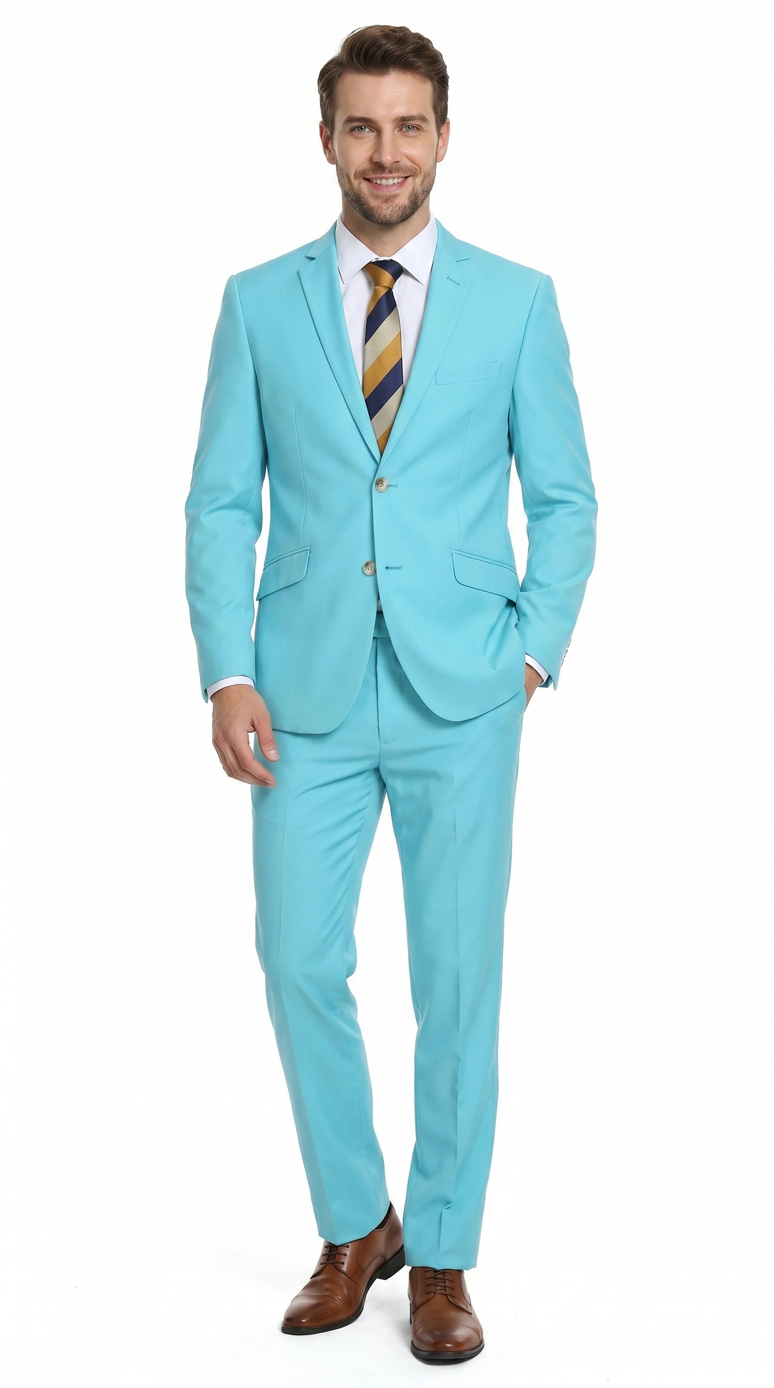 Men’s Aqua Blue 2 Piece 2 Button Suit, Formal Dress Suit for Weddings, Prom, Parties, Summer Events, Turquoise Light blue - 34 Short or Extra Small