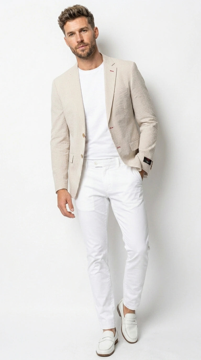 Men’s Beige Seersucker Summer Blazer, Lightweight Striped Sport Coat for Weddings, Parties, Beach Events in Tan Color - 36 Short