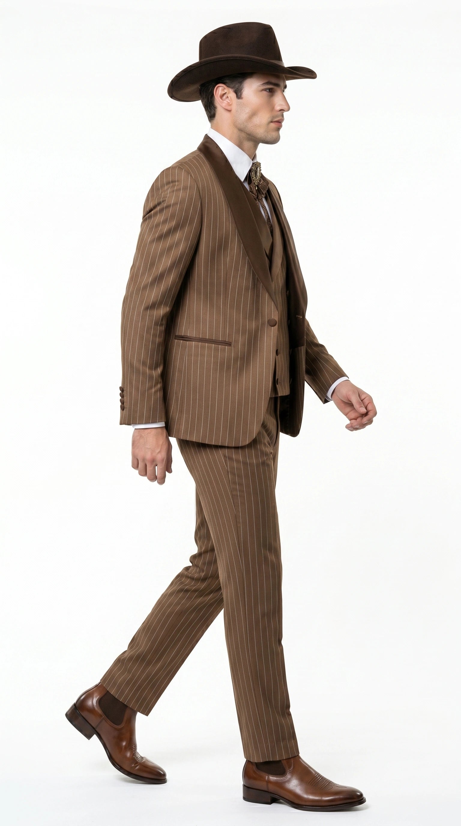 Men’s Brown Pinstripe Western Cowboy Tuxedo, Contrast Shawl Lapel Formal Suit for Weddings, Prom, Parties, and Special Occasions - 34 Short or Extra Small