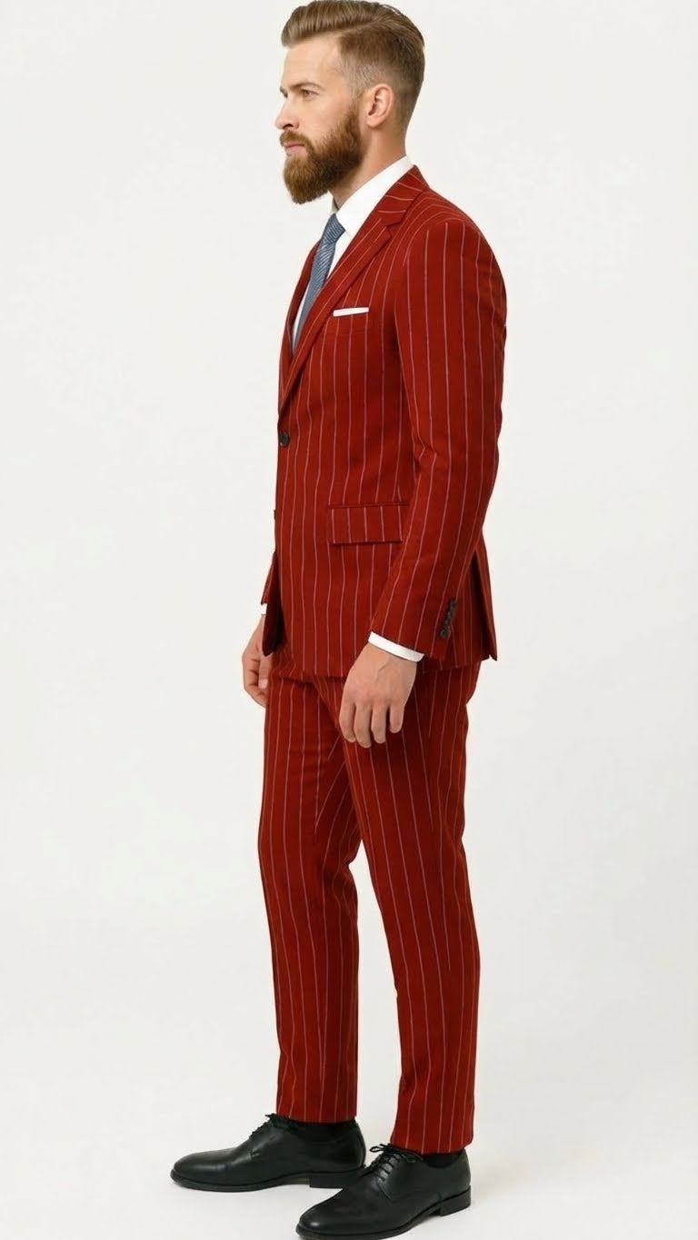 Men’s Red Pinstripe Suit – Stripe Two-Button Vested Suit 2 Buttons - 34 Short or Extra Small