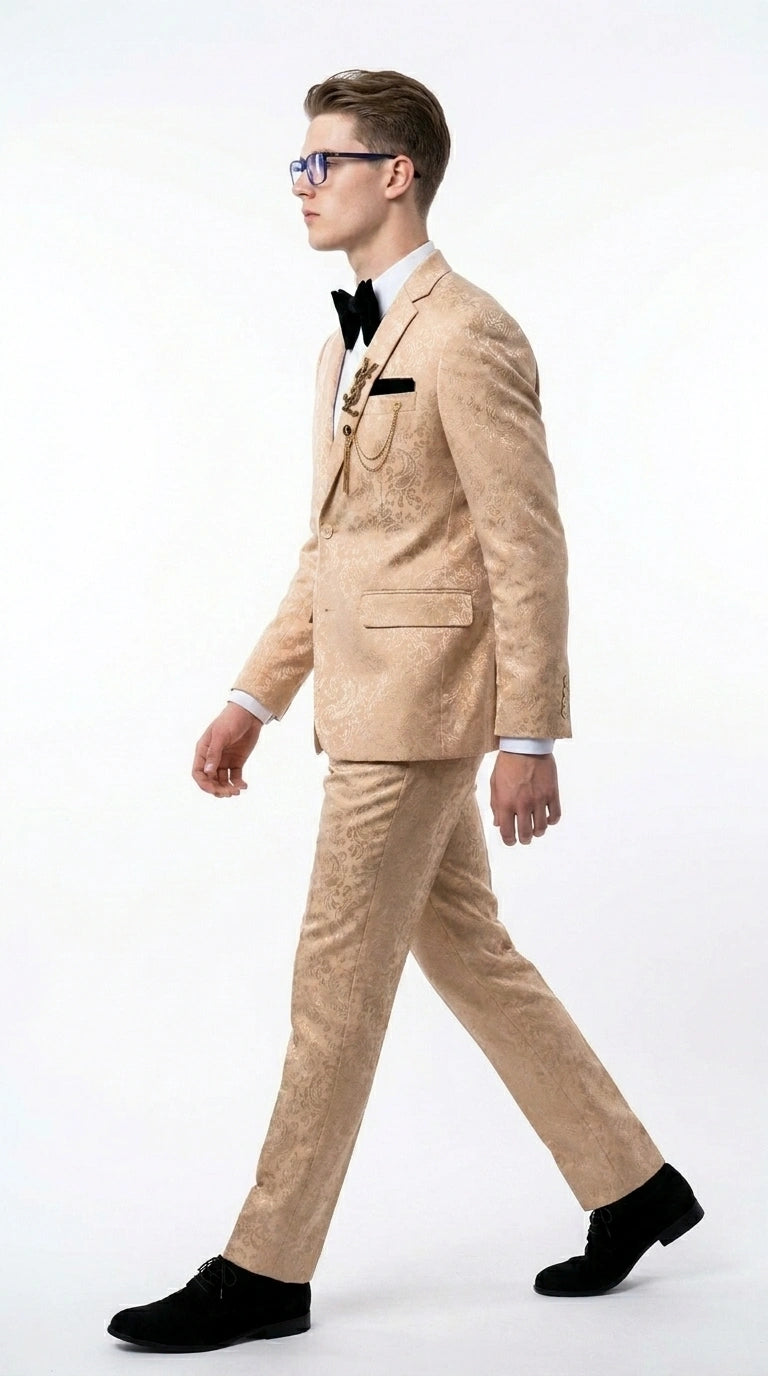 Men’s Champagne Gold Paisley Prom Tuxedo, Formal Dinner Suit for Prom, Weddings, Parties in Tan Color - 34 Short or Extra Small