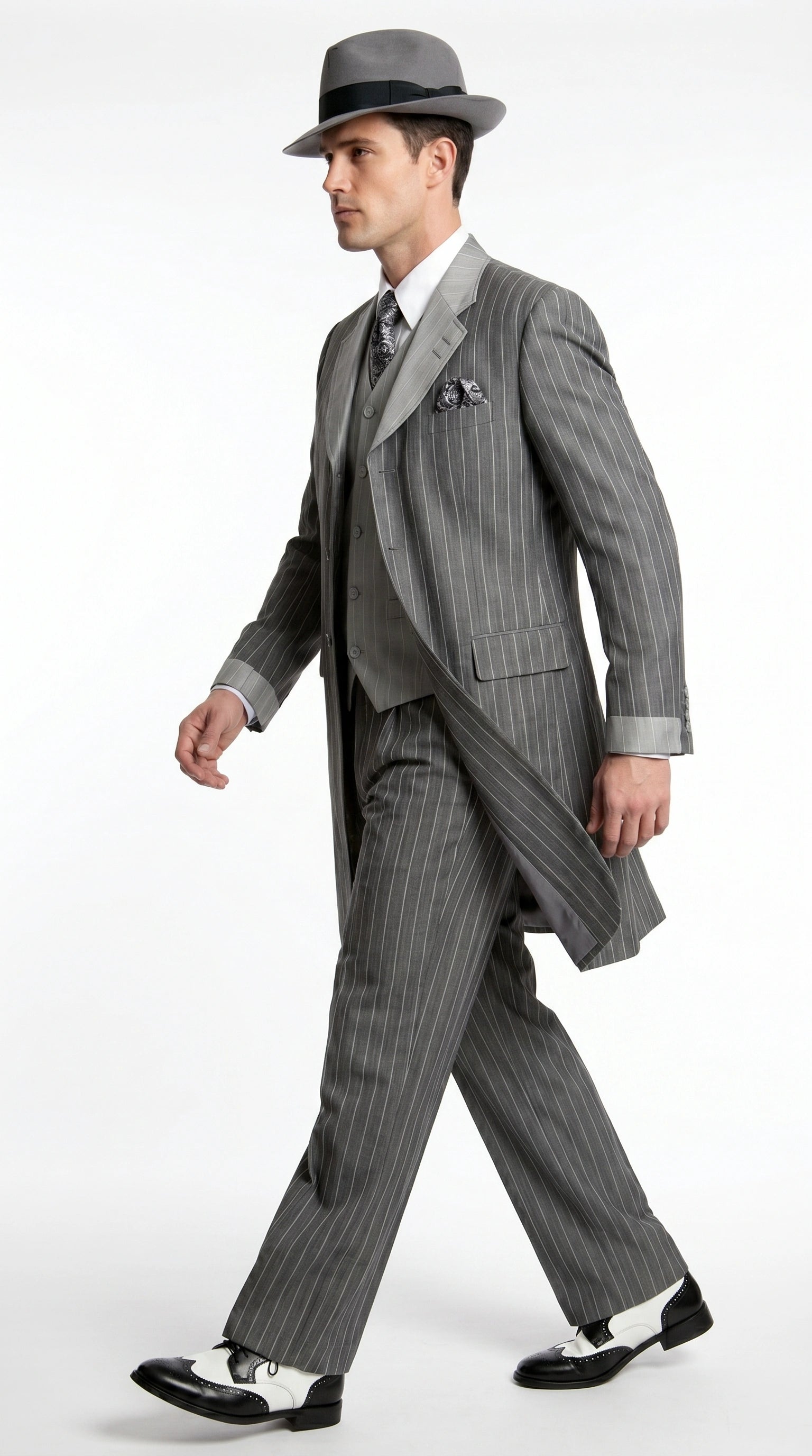 Men’s Grey Pinstripe 1920s Gangster 3 Piece Suit, Contrast Lapel Vintage Formal Suit for Parties, Prom, Weddings, and Theme Events - 34 Short or Extra Small