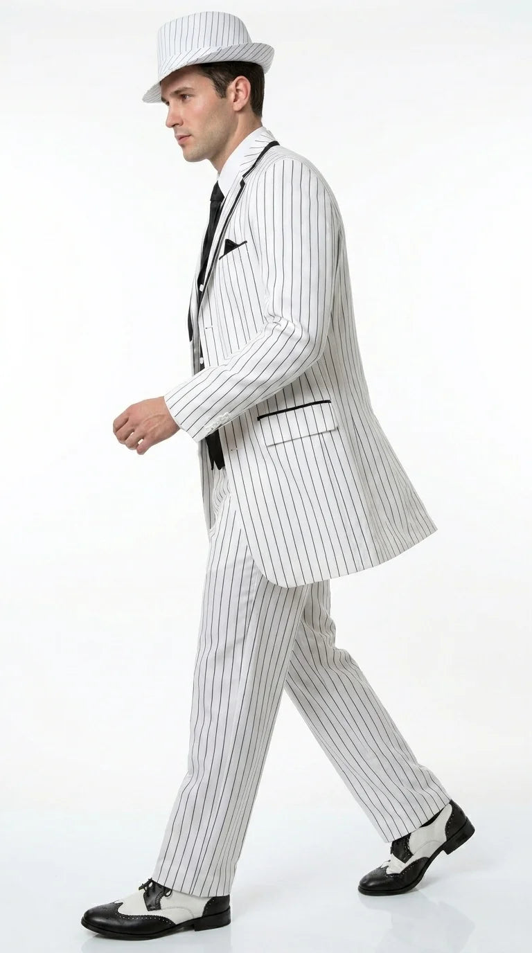 Men’s White Pinstripe 1920s Gangster 3 Piece Suit, Black Contrast Formal Costume Suit for Parties, Prom, Weddings, and Theme Events - 34 Short or Extra Small