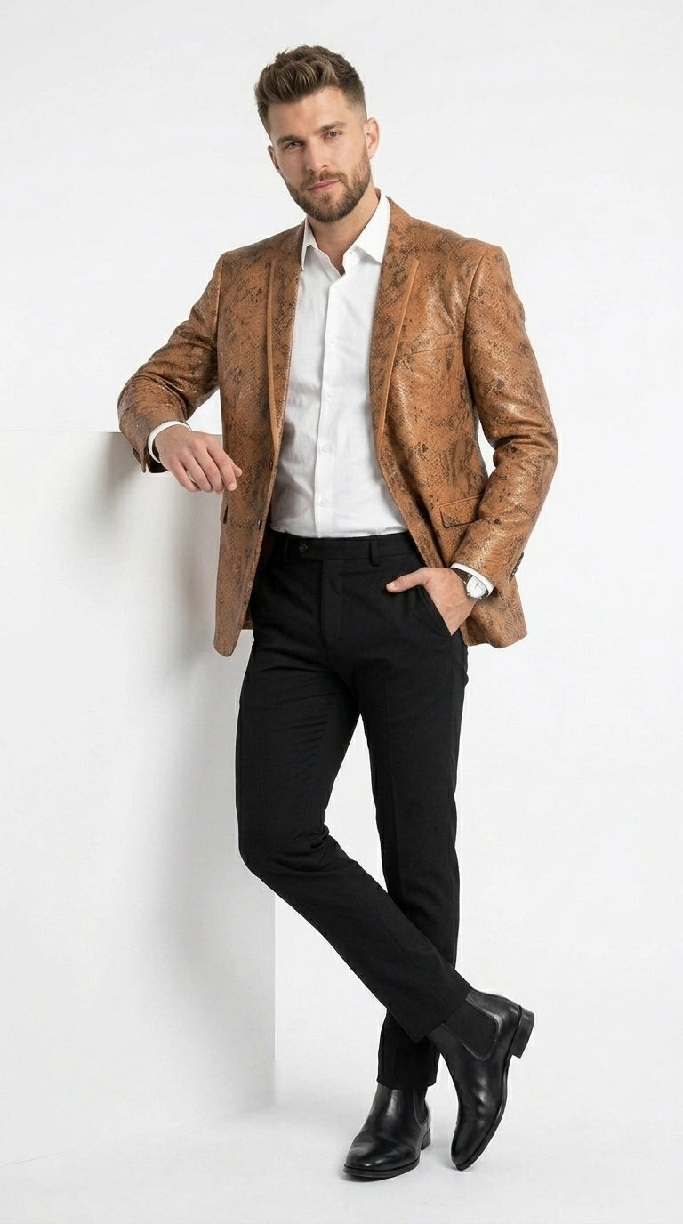 Men’s Tan Snakeskin Print Blazer, Brown Sport Coat Camel Alligator Crocodile Animal Print leopard Jacket - 36 Short