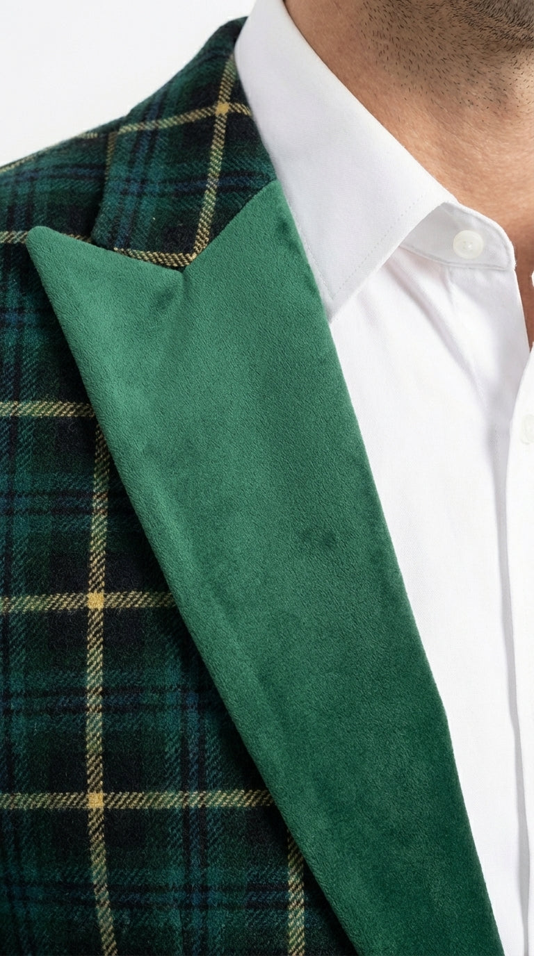 Mens Tartan Green and Gold Check Blazer – Windowpane Plaid Sport Coat Velvet Lapel Plaid Christmas Holiday New Year Jacket - 36 Short