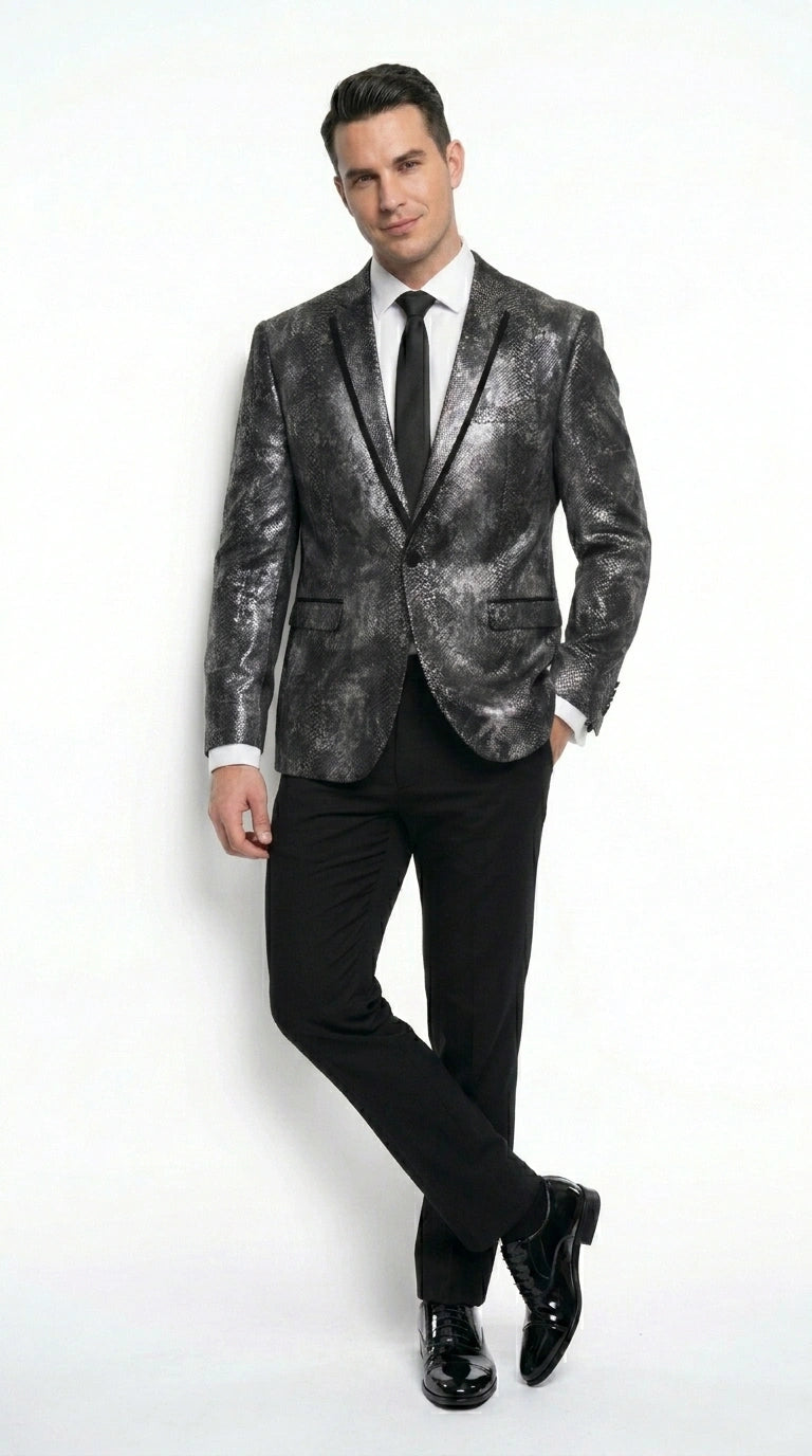 Men’s Black and Charcoal Gray Snakeskin Print Blazer, Animial Exotic Skin Alligator Crocodile Texture - 36 Short