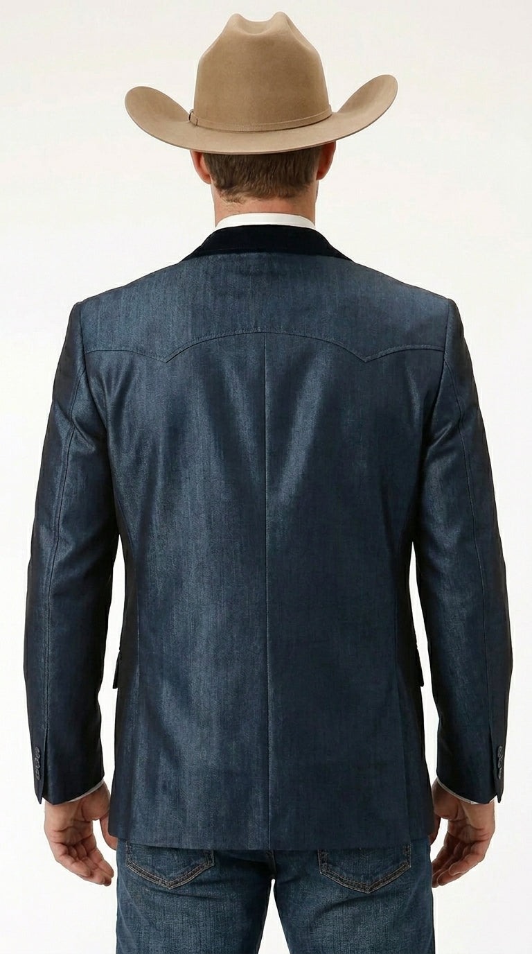 Men’s Sapphire Indigo Western Cowboy Blazer – Classic Western Style Jacket, Country Casual Dress Blazer in Navy Blue with sheen - 36 Short