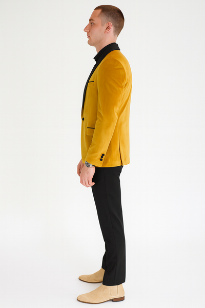 Mens Mustard Gold Velvet Tuxedo Jacket Slim Fit Dinner Blazer with Black Satin Shawl Lapel + Free Black Pants & Bowtie